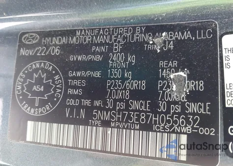 2007 Hyundai Santa Fe Limited/Se z USA, uszkodzony, nr VIN 5NMSH73E87H055632